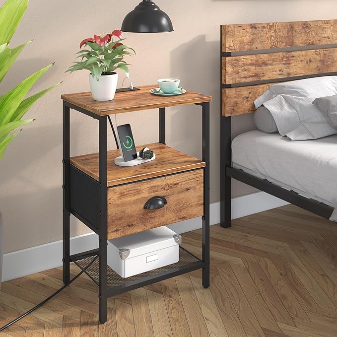 Nightstands Set of 2, Night Stands with Charging Station and Fabric Drawer, Bedside Tables with Storage, 2- Tier Side Table with Open Shelf, Nightstands with Charging Station,Rustic Brown
