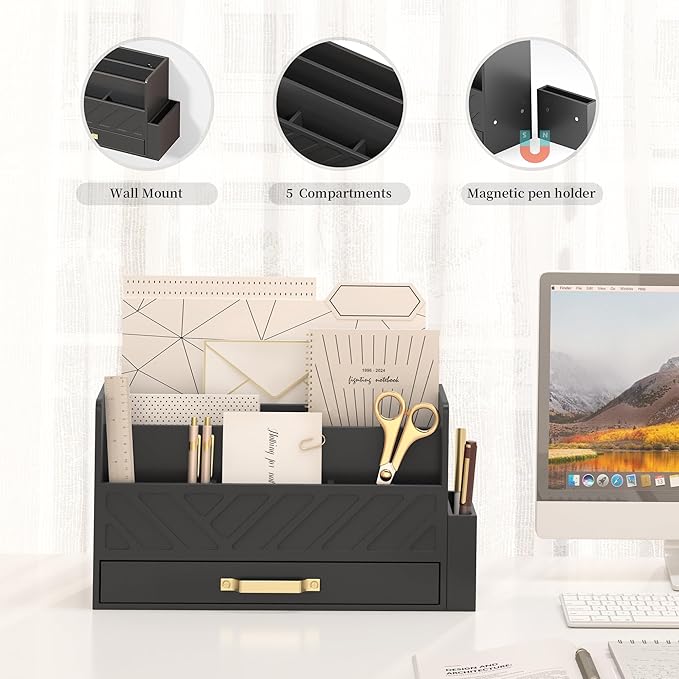 Bamboo Desk Organizer Mail Holder Countertop Wood Desk Drawer Tabletop Storage Box Pen Holder Letter Sorter Makeup Organizer for School Home Office Supplies with Pen Holder Black-NeatNest