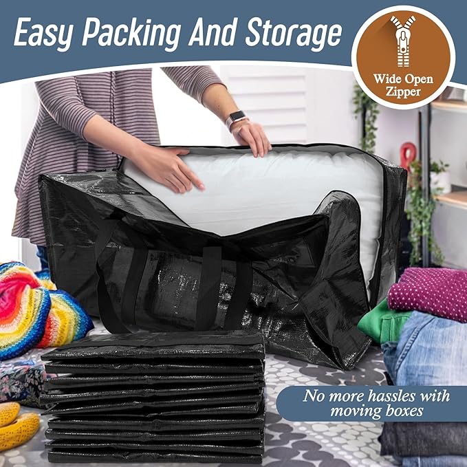 12 Pack Extra Heavy Duty Large Moving Bags with Strong Zipper & Comfortable Handles, Sturdy & Durable Clothes Storage Bags Totes Bins, Packing Moving Boxes for College Supplies, Black-NeatNest