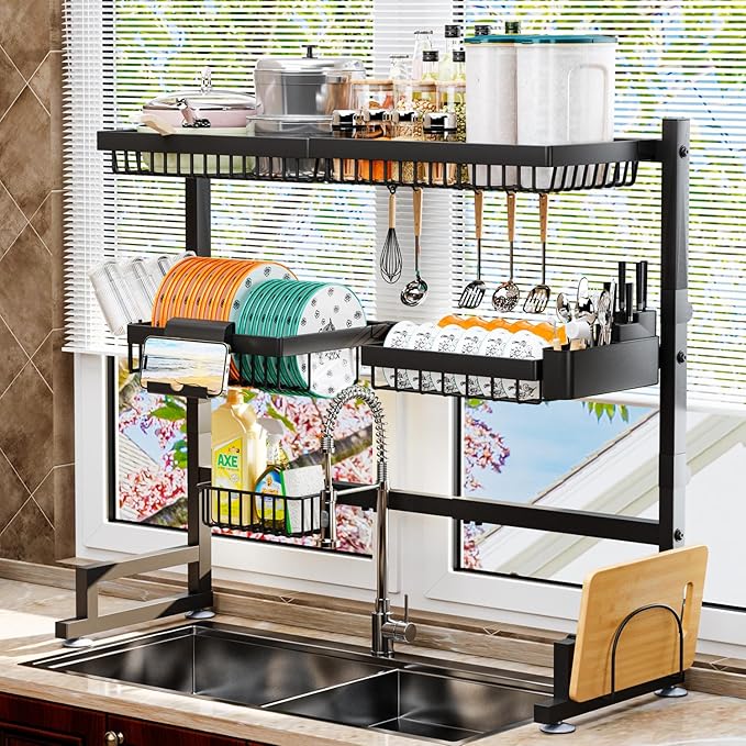 3-Tier Over Sink Dish Draining Rack, Adjustable Width and Height, with Phone Holder, Cup Holder, Knife and Chopstick Holder, Cutting Board Rack, Space-Saving Rack
