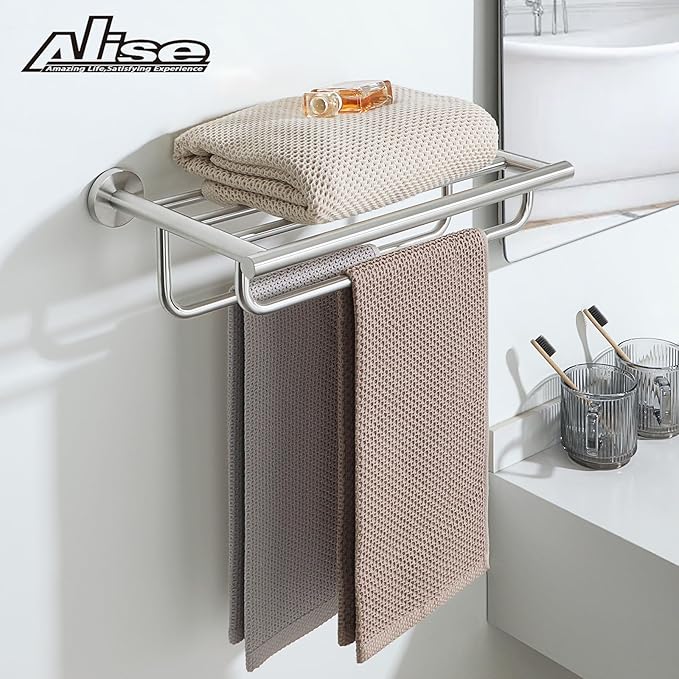 Alise Towel Hanger Towel Shelf with Double Towel Bars,SUS 304 Stainless Steel Wall Mount Towel Holder,Brushed Nickel,16 Inch