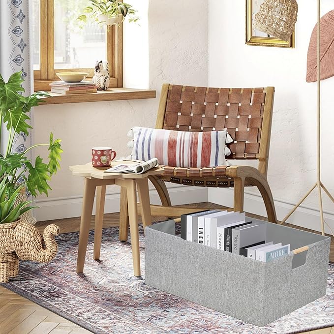 Collapsible Storage Box for Women - Foldable Home Organizer 16.9x12.5x7Inches with Wooden Handles | Closet, Bathroom & Kids Room Storage | Heavy-Duty Linen Fabric 2Pack-NeatNest