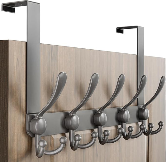 Dseap Over Door Hook 2.0 - Upgraded Version - Simple-Assembly, Strong, Heavy-Duty Stainless Steel 5-Tri-Hook Over The Door Hanger Rack, SimpleStrong Series, Grey