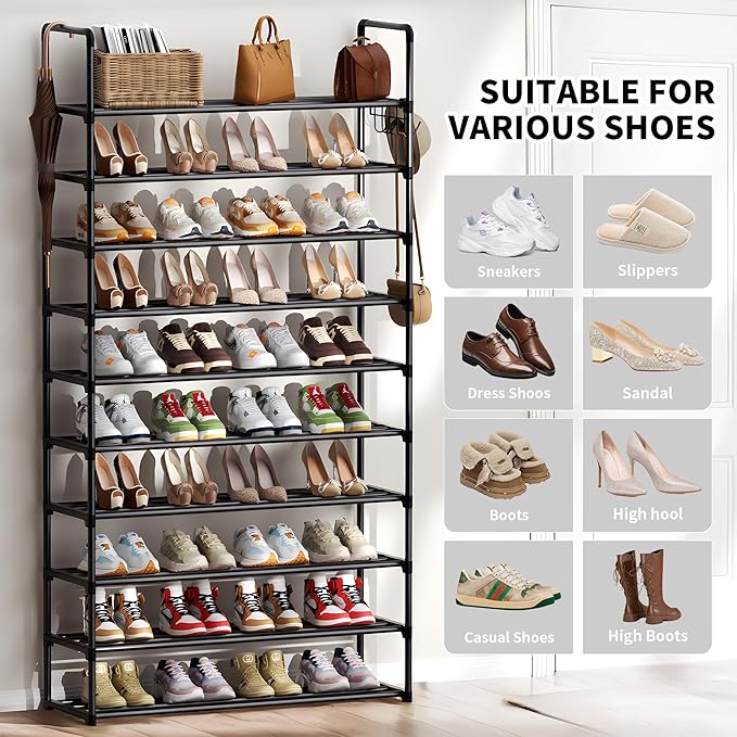 Shoe Rack, 10 Tier Shoe Storage Organizer with Hooks,Fit 40-45 Pairs Shoes,Metal Tall Shoe Shelf for Closet,Entryway, Hallway,Garage,Bedroom,Cloakroom-NeatNest