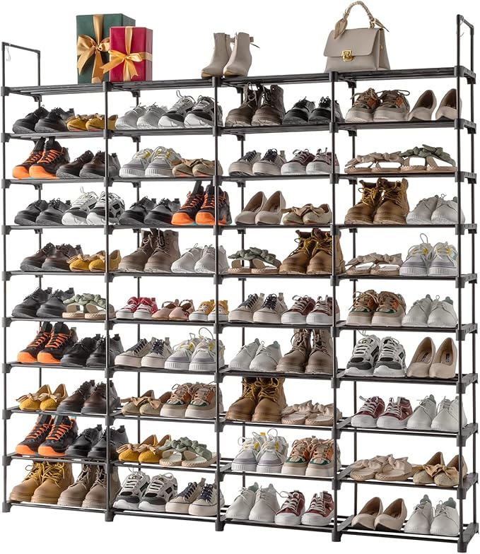 10-Tier Tall Shoe Rack - Free Standing Large Metal Closet Storage Shelves - Stackable Shoe Stand with Hooks for Bedroom Entryway - Holds 80 Pairs - Black-NeatNest