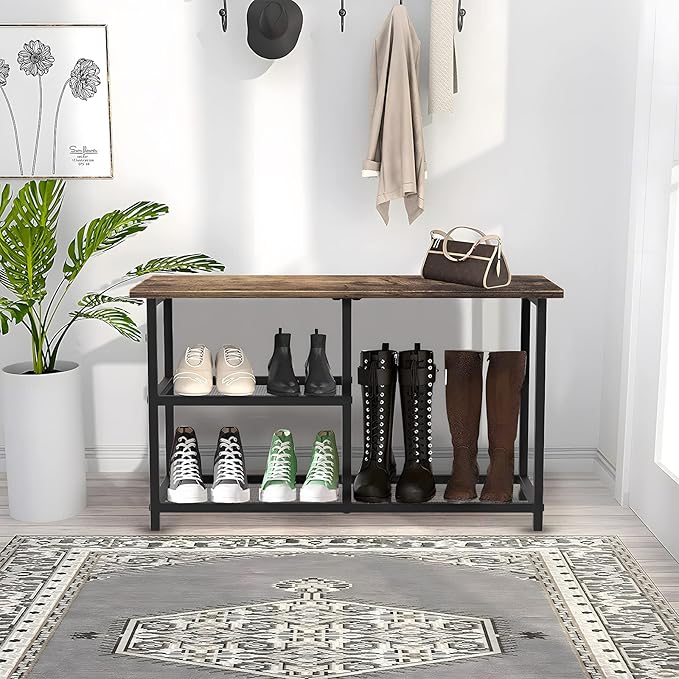 Rustic Wood Bench with 3-Tier Shoe Rack for Small Spaces - Free Standing Shoe Storage Shelf with Boot Organizer-NeatNest