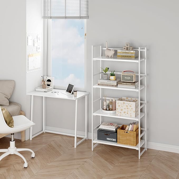 BHG Vintage Multifunctional Folding Bookshelf, No-Assembly Plant Stand Storage Rack Shelves for Home Office (All White, 4-Tier)-NeatNest