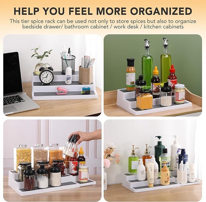 3 Tier Expandable Spice Rack Organizer, Plastic Spice Rack, Adjustable Length 14.6In-25.8In, Non-Skid Tiered Spice Shelf Organizer for Kitchen Cabinet, Cupboard, Pantry, White/Grey-NeatNest