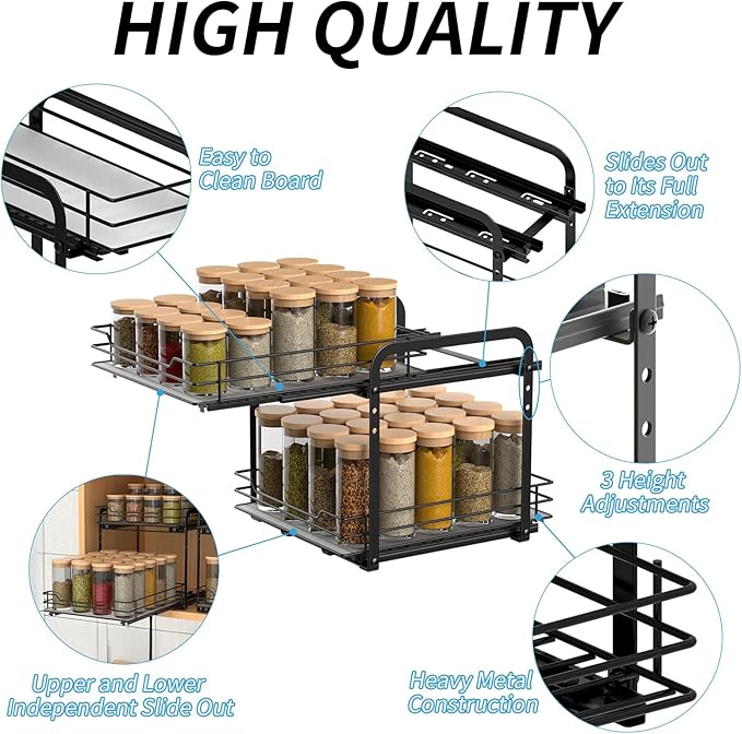 2-Tier Spice Rack, Pull Out Cabinet Organizer Spice Racks Height Adjustable Heavy Duty Metal Basket for Inside Cabinets & Pantry Closet(9.5''Wx10.5''Dx9.5''H)-NeatNest