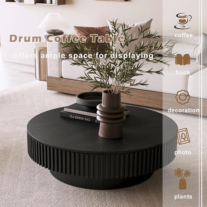 39'' Round Coffee Table with Storage, Modern Wooden Coffee Table with Solid Wood Veneered, Circle Center Table Accent Tea Table for Living Room Apartment Black