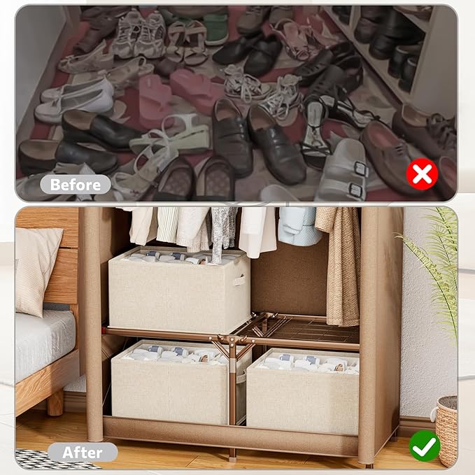 2 Pack Shoe Organizer For Closet, Fits 16-32 Pairs Fabric Shoe Storage Bins Large Shoe Box Storage Containers with Bottom Support For Shoes Space Saving Shoes Holder (Beige)-NeatNest