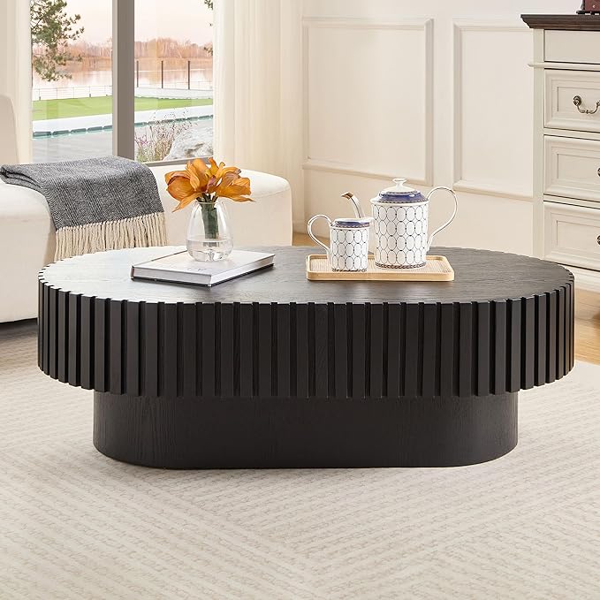 KEVINSPACE Oval Coffee Table 43.7" Wood CoffeeTable for Living Room Drum ModernCoffeeTable TeaTable Wooden Coffee Tables PedestalCoffeeTable Home Furniture Office Apartment Black