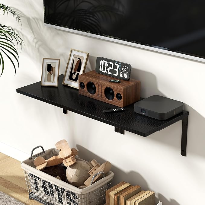Fun Memories Floating Shelves for Wall, 12 Inch Deep Floating Shelves Set of 2, Wall Mounted Shelf with Metal Brackets, Rustic Wood Wide Shelf for Bathroom, Kitchen and Living Room, Black, 16W x 12D-NeatNest