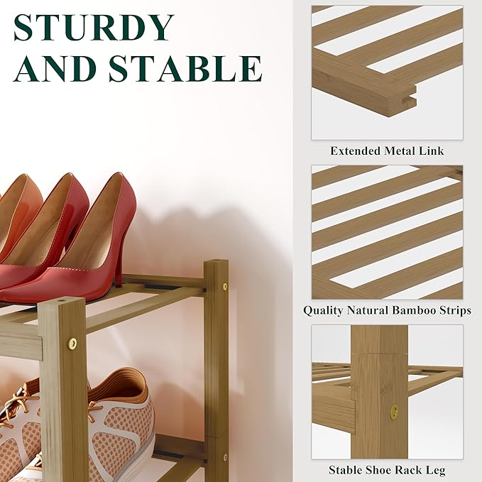 Smiry Bamboo Shoe Rack for Closet, 3 Tier Wooden Stackable Shoe Organizer, Free Standing Shoes Storage Shelf for Entryway, Front Door Entrance, Walnut-NeatNest