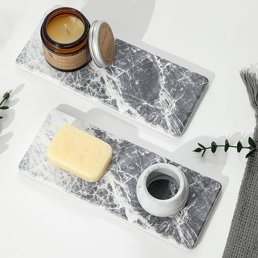 2PCS Bathroom Sink Vanity Trays, Water Absorbing Diatomite Stone Quick Drying Mat for Kitchen Counter, Dish Rack Dispenser Sponge Holder Caddy Organizer, Marble Crack, 9"x3.5"-NeatNest