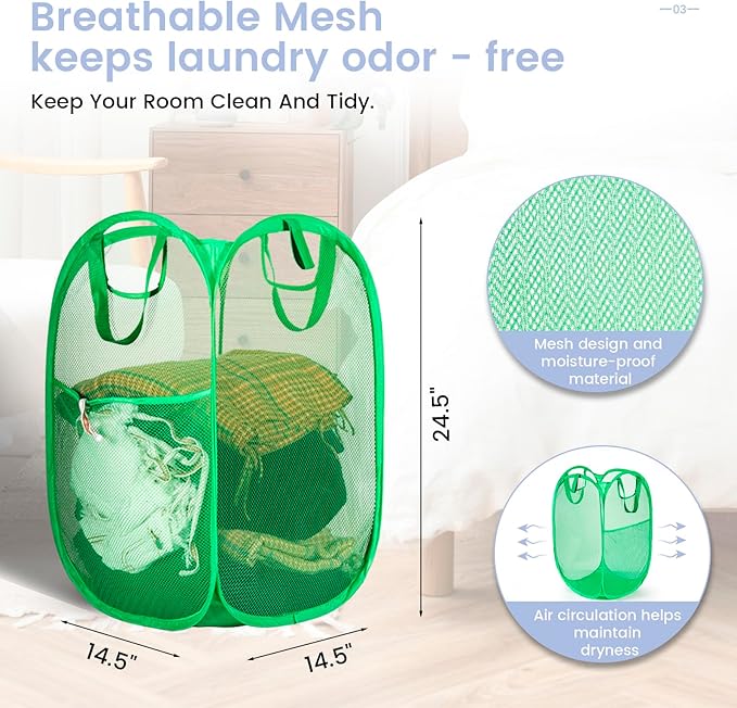 HOUSE AGAIN 2 Pcs Pop Up Laundry Hamper, Strong Mesh Laundry Baskets Collapsible, Hamper with Handles and Side Pocket, Portable Foldable Dirty Clothes for Dorm, Laundry room and Travel Storage, Grey-NeatNest