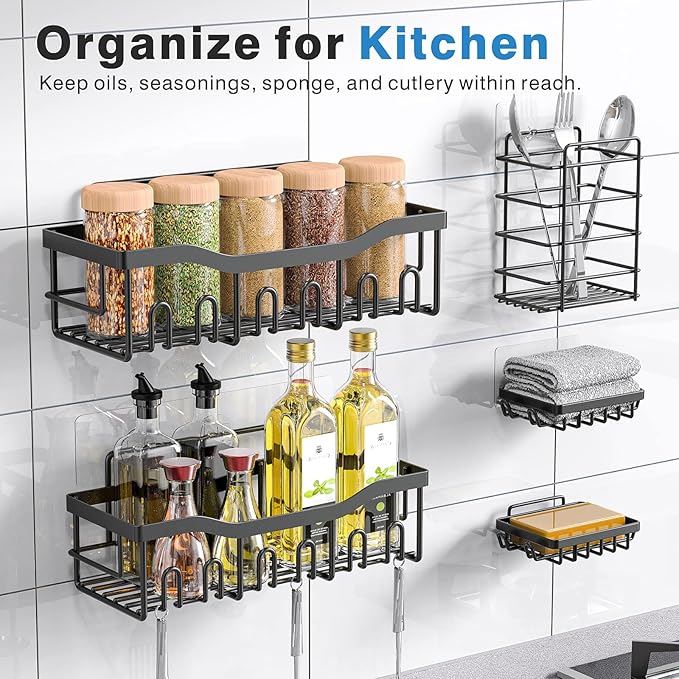 Adhesive Shower Caddy, 5 Pack Rustproof Stainless Steel Bath Organizers With Large Capacity, No Drilling Shelves for Bathroom Storage & Home Decor-XL Size-NeatNest