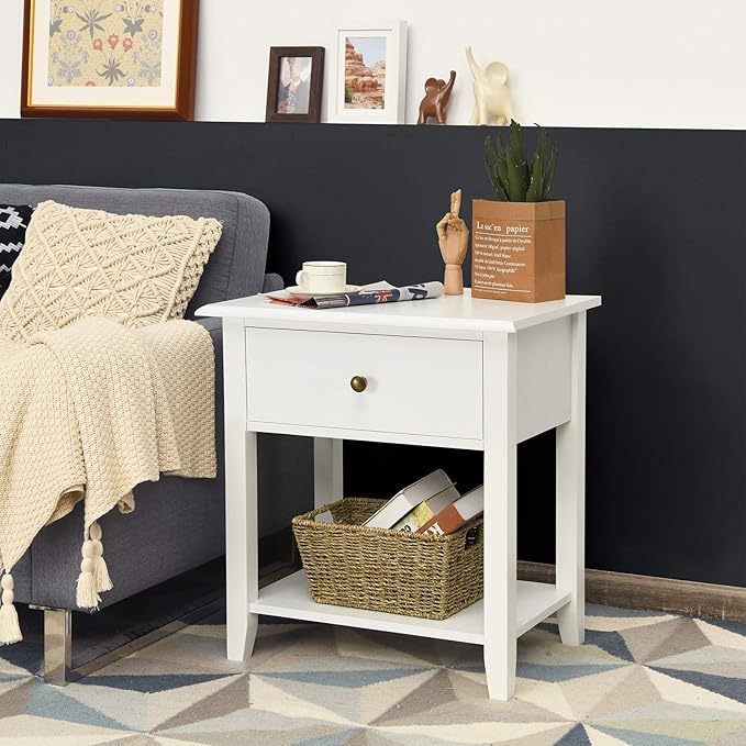 Giantex Nightstand, 2-Tier End Table with Drawer and Open Storage Shelf, Modern Bedside Tables, Wooden Side Table Night Stand for Bedroom, Dorm, Small Spaces, Easy Assembly, White