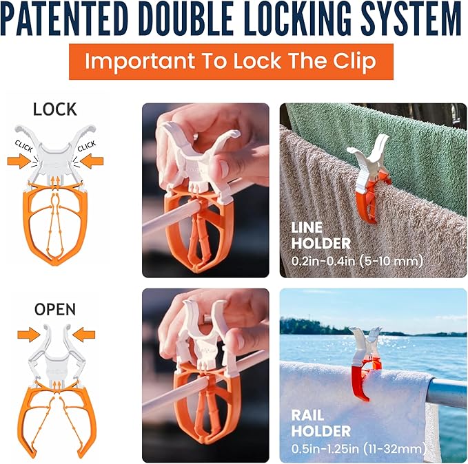 Orange - 6-Pack Towel Clip - Large Clips for Towels and Clothes - Storm Proof & Lockable Clothespin - Multi- Purpose Towel Clips for Chairs, Boat, RV, Camping, Stroller, Beach Chair