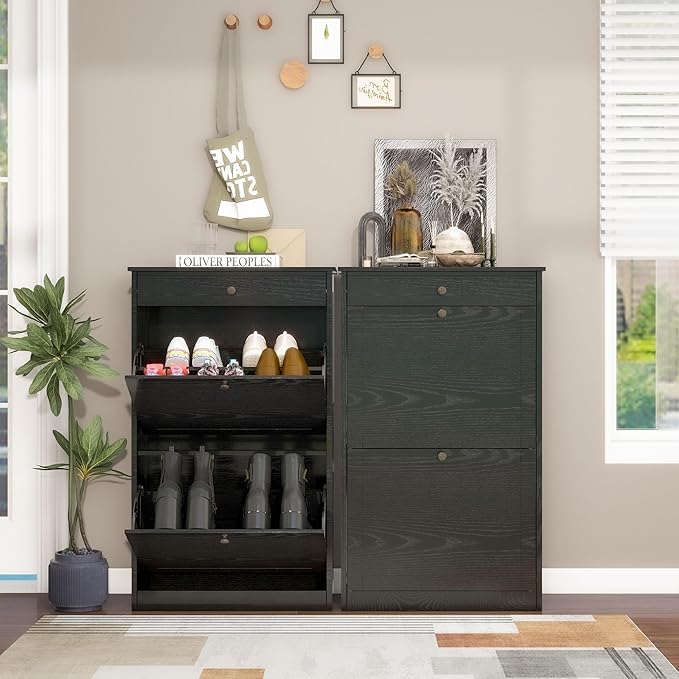 Shoe Storage Cabinet with 2 Flip Doors Set of 2, Wooden Narrow Shoe Cabinet Organizer with Drawer, Freestanding Hidden Shoe Rack with Adjustable Shelf for entryway, Hallway, Living Room, Black-NeatNest