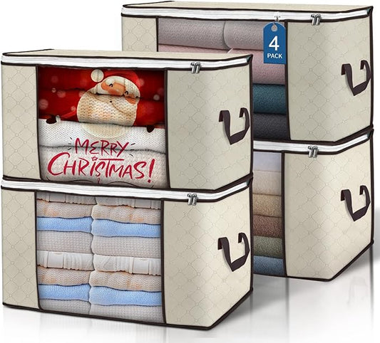90 L Large Storage Bags, 4 Pack Clothes Storage Bins Foldable Closet Organizers Storage Containers with Reinforced Handle for Clothing, Blanket, Comforters, Bed Sheets, Pillows and Toys (Beige)-NeatNest
