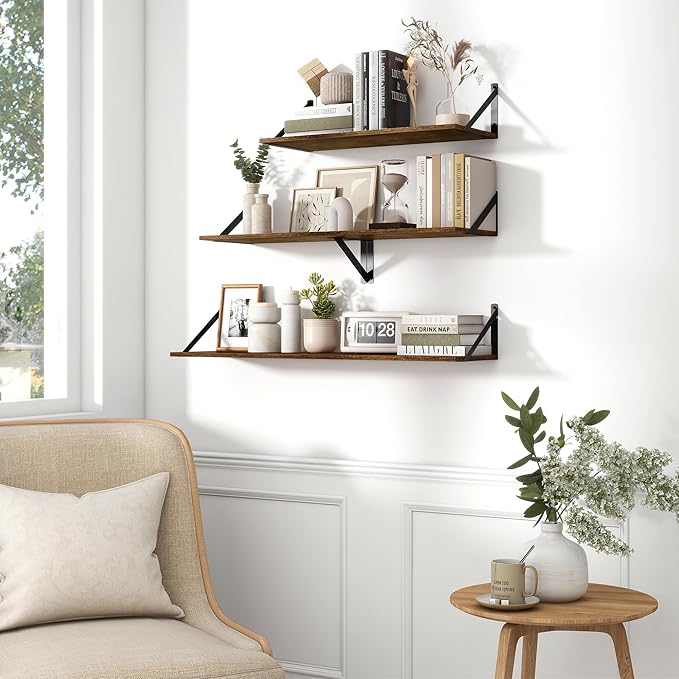 Fun Memories Deep Floating Shelves for Wall, 16W x 8D Wall Mounted Shelves Set of 2, Wide Display Ledge Shelf with Sturdy Metal Brackets for Living Room, Bathroom, Bedroom and Kitchen, Rustic Brown-NeatNest