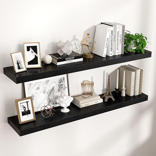 Floating Shelves for Wall, 48"W x 9"D x 1.5"H, 2 Pack of Long Wall Mounted Engineered Wood Shelves with Invisible Brackets for Living Room, Bedroom, Bathroom, Kitchen Decor and Storage, Black-NeatNest