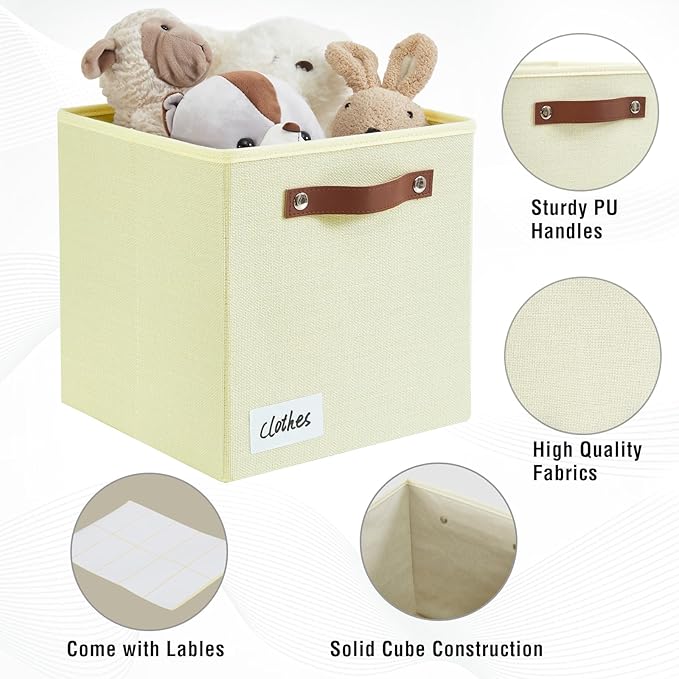 Collapsible Fabric Storage Cube Bins with 2 Reinforced PU Handles, Foldable Storage Organizer Baskets for Closet, Shelves, Living Room | 11"x11"x11", 4 Pack, Full Beige-NeatNest