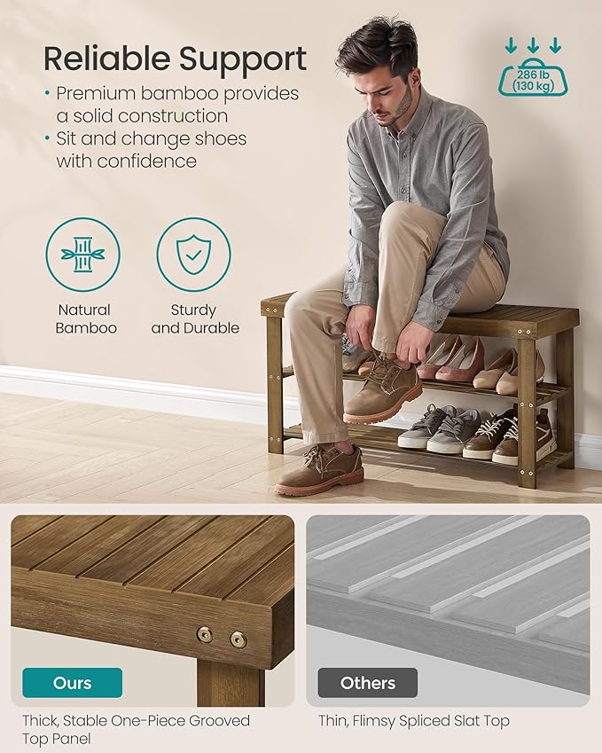 SONGMICS Shoe Rack Bench, 3-Tier Bamboo Shoe Storage Organizer, Entryway Bench, Holds Up to 286 lb, 11.3 x 35.4 x 17.8 Inches, for Entryway Bathroom Bedroom, Yellow Brown ULBS090K01-NeatNest