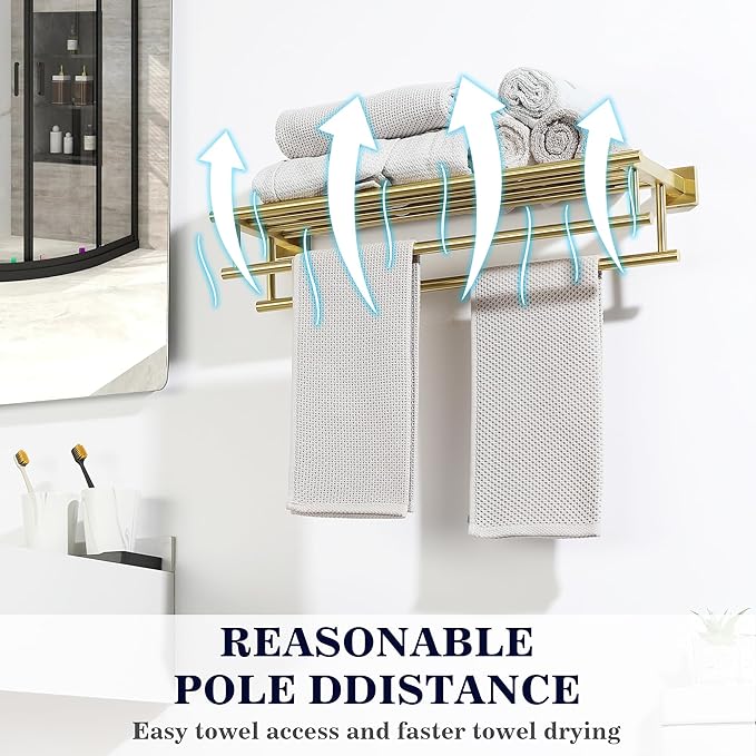 Alise Double Towel Rack for Bathroom,24 in Bathroom Tower Holder Towel Shelf with Double Towel Bars Wall Mount,SUS304 Stainless Steel Towel Hanger Double Tower Bar for Bathroom Wall,Brushed Gold