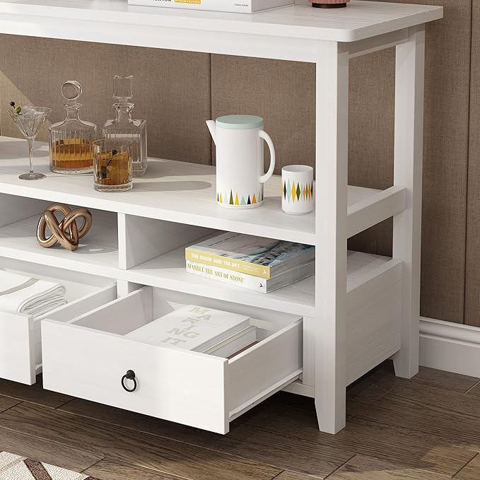 Karl home Console Table with 3 Bottom Drawers, 57.9" W Sofa Side Table Entryway Desk with 3 Storage Cubbies 1 Open Shelf, Vintage TV Stand for Hallway Living Room Office, White 29.9" H-NeatNest