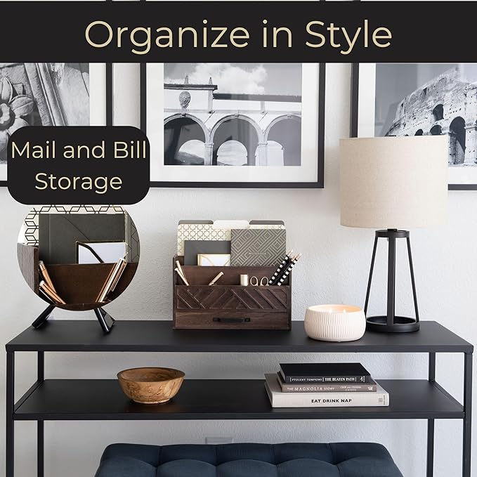 BLU MONACO Mail Organizer for Desk – Brown Wooden Mail Sorter with Drawer and 6 Compartments – Rustic Letter Organizer with Black Handle – Desktop File Holder for Home Office, Entryway, or Kitchen-NeatNest