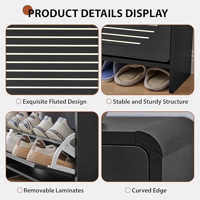 Narrow Shoe Storage Cabinet for Entryway with 2 Flip Drawers, Curved Edge Shoe Cabinet with Arched Stripe Panel, Freestanding Wood Shoe Organizer Closed Shoe Rack for Hallway, Foyer (Black)-NeatNest
