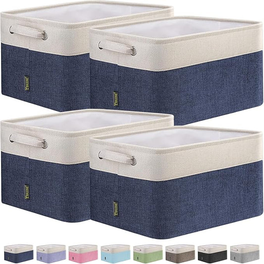 BALEINE 4 Pack Fabric Storage Bins for Shelves, Linen Storage Baskets for Organizing, Decorative Closet Bins for Clothes, Home (Navy Blue, 12"x8"x8")-NeatNest