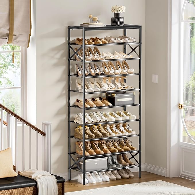 10-Tier Tall Shoe Rack Organizer Shoe Storage for Entryway 30-40 Pairs Metal Shoe Rack for Closet Heavy-Duty Shoe Rack with Wooden Top Shelf for Garage Black-NeatNest