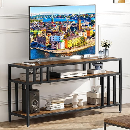 Garvee 58" TV Stand for Television up to 65 Inches, Entertainment Center with 3-Tier Open Shelves, TV Media Console Table with Quadruple-Tube Support for Living Room, Entryway, Rustic Brown-NeatNest