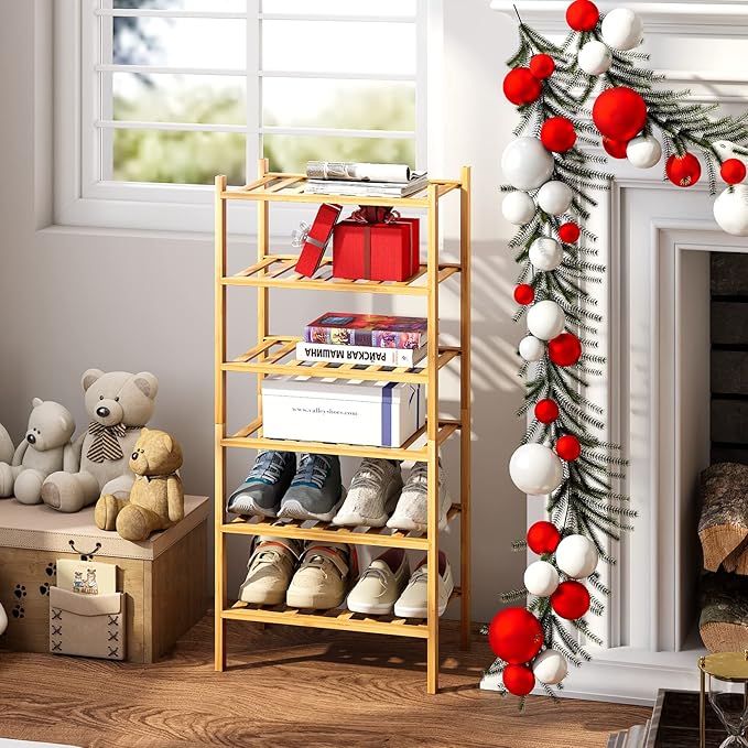 6-Tier Small Shoe Rack for Entryway, Stackable | Heavy Duty | Multi-Function, Bamboo Free Standing Shoe Racks for Bedroom Hallway Closet-NeatNest