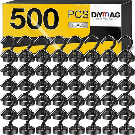 DIYMAG Magnetic Hooks, 30Lbs Strong Heavy Duty Cruise Magnet S-Hooks for Classroom, Fridge, Hanging, Cabins, Grill, Kitchen, Garage, Workplace and Office etc, (500Pack-Black),Screw in Hooks-NeatNest