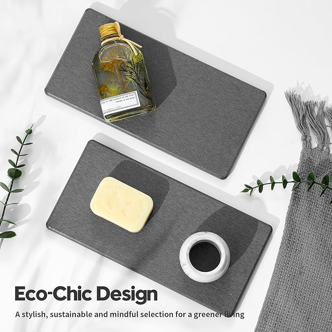 2PCS 10"x 5" Large Bathroom Sink Vanity Trays, Water Absorbing Diatomite Stone Quick Drying Mat for Kitchen Counter, Dish Rack Dispensers Sponge Holder Caddy Organizer, Dark Gray,-NeatNest