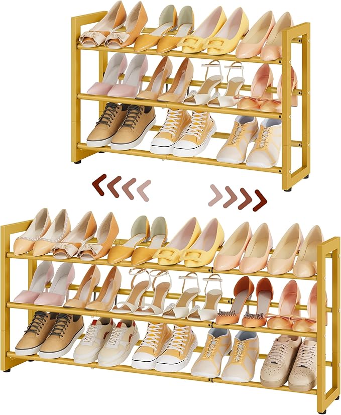 FAVOOSTY 3-Tier Expandable Shoe Rack, Adjustable Shoe Shelf Storage Organizer Space Saving Metal Free Standing Shoe Rack for Entryway Closet Doorway, Gold-NeatNest