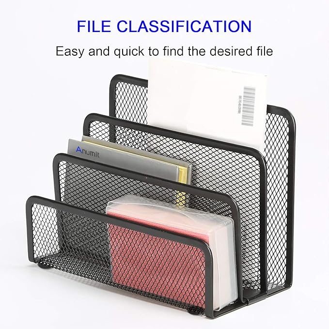 Desk Mail Organizer, File Holder Letter Sorter with 3 Vertical Upright Metal Mesh Compartments Document, Filing, Folders, Mail, Paper Organizer for Home or Office Desktop (1PCS)
