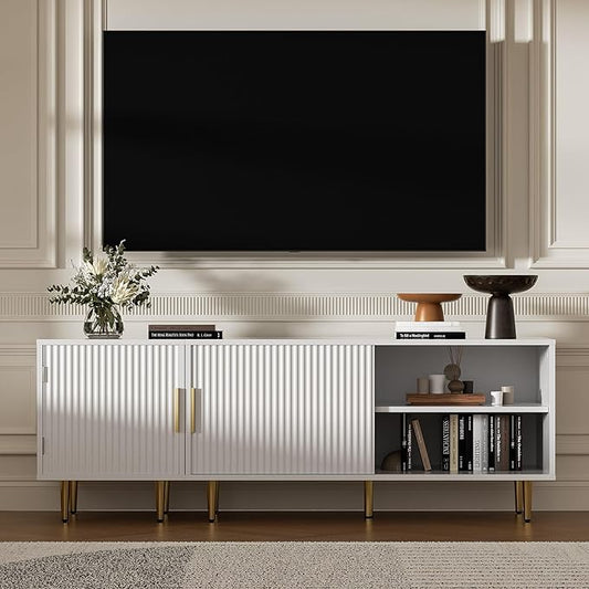 Combined Modern TV Stand for 55/60/65 inch TV, Small Entertainment Center with Adjustable Shelf, TV Media Stand with Storage Cabinet, TV Console with Gold Legs for Living Room, Bedroom, White-NeatNest