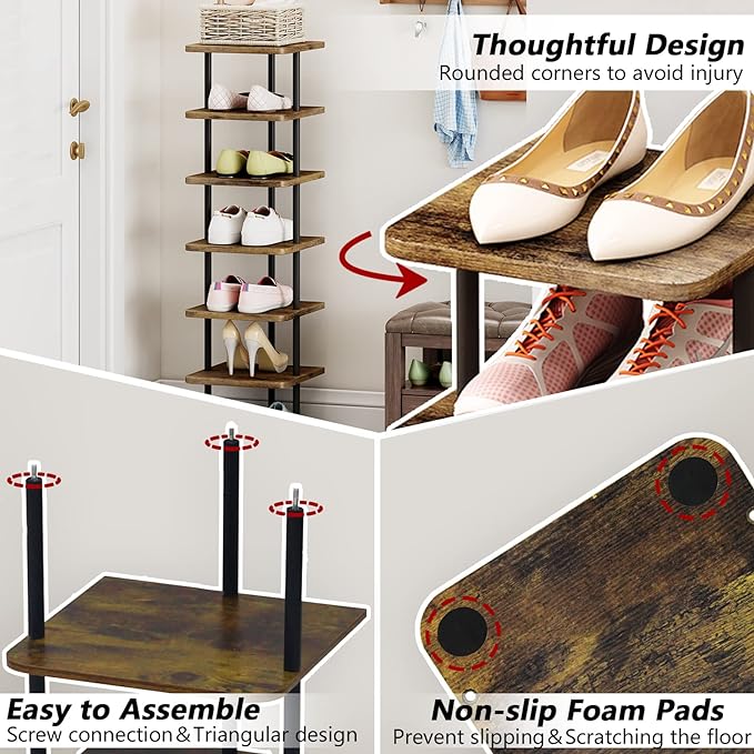 AZERPIAN Shoe Rack 9 Tier Vertical Storage Organizer Narrow Metal Slim Shelf Modern Free Standing Shoe Tower Saving Space for Closet Entryway Bedroom,Black+Rustic Brown-NeatNest