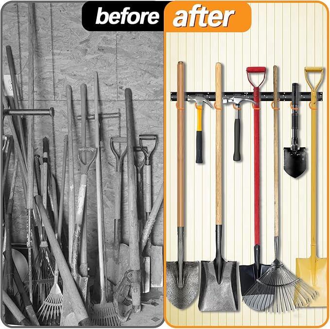 3-H 2×16" All Metal Garden Tool Organizer, Garage Tool Organizer, Broom Holder Wall Mount for Garage, Shed, Garden, Basement Hanging and Organizing Rake, Mop, Shovel, Hose-NeatNest