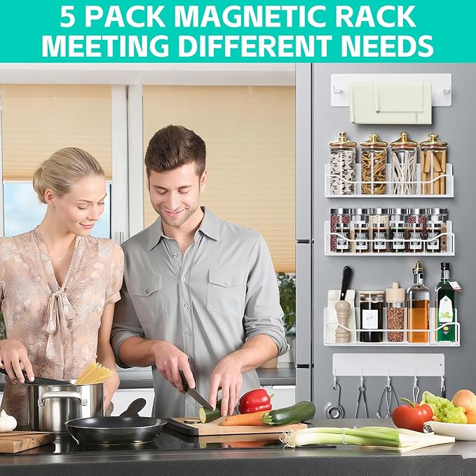 5 Pack Multifunctional Magnetic Shelves for Washing Machine & Refrigerator - Heavy Duty Laundry Room Organization System with Tool Hooks, Metal Storage Baskets (White)