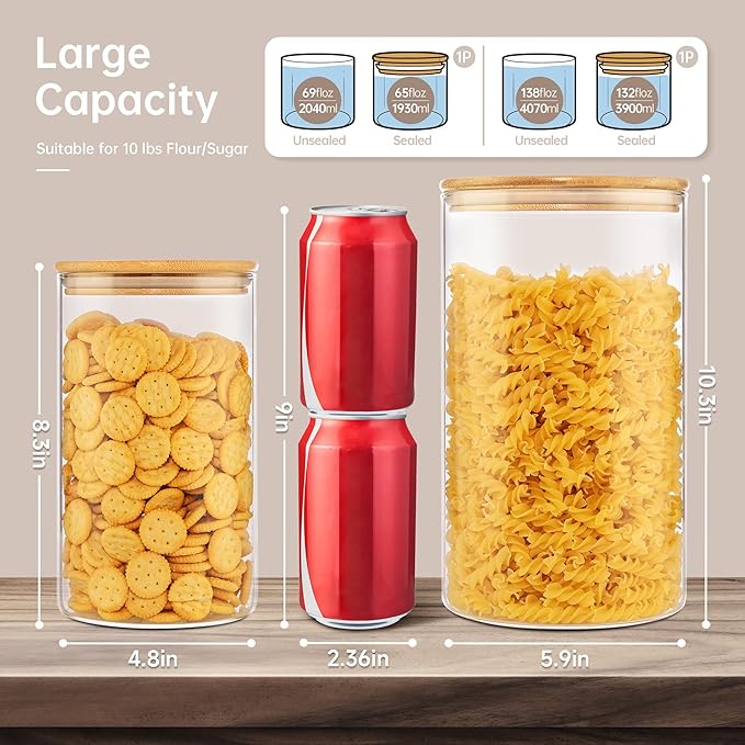 Extra Large Glass Flour and Sugar Storage Containers with Airtight Lid,132 floz x1 & 65 floz x1 [Set of 2] Big Glass Jars with Bamboo Lids, Air Tight Food Jar for Cereal, Pasta, Rice, Coffee-NeatNest