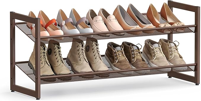 SONGMICS Shoe Rack, 2-Tier Shoe Organizer, Metal Shoe Storage for Garage, Stackable Shoe Shelf, with Adjustable Flat or Angled Shelves, 8-10 Pairs, Bronze ULMR02A-NeatNest