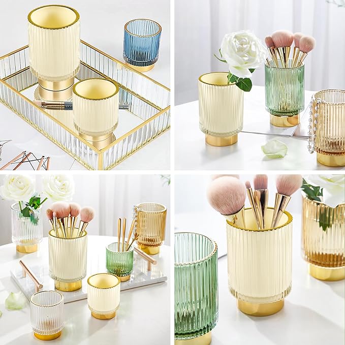 DASITON Makeup Brush holder Organizer,Crystal Cosmetic Makeup Brush Glass Brushes Storage Holder, Vintage Make Up Brush Cup Pen Pencil Holder striped vase(Cream L)-NeatNest