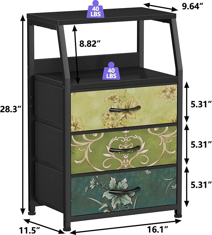 Furnulem Retro Night Stand with 3 Drawers and 2-Tier Shelf, Small Nightstand Side Table, Vintage Storage Dresser for Bedroom, Fabric Drawer Organizer for Closet, Beside Furniture-NeatNest