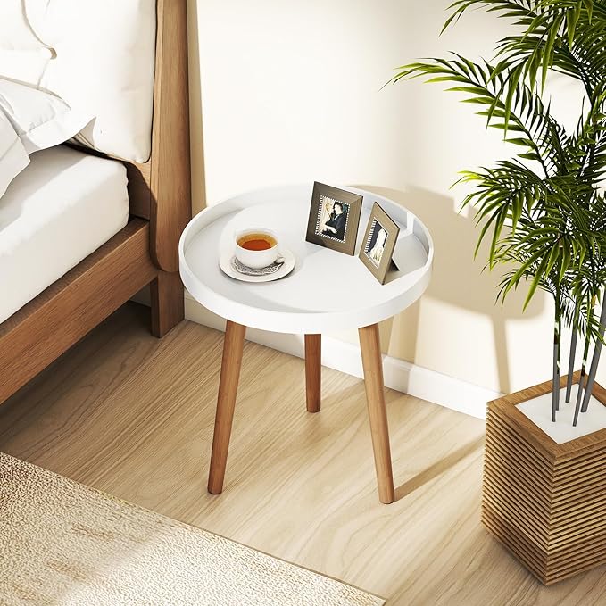 Giantex Round Side Table, End Table with Wooden Tray, Sturdy Tripod Stand & Premium Metal Connectors, Round Sofa Side Table for Living Room, Office, Bedroom Nightstand, White (1)
